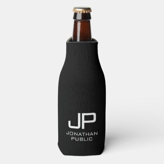 Custom Modern Elegant Monogram Zwart-wit Flesjeskoeler (Fles Voorkant)