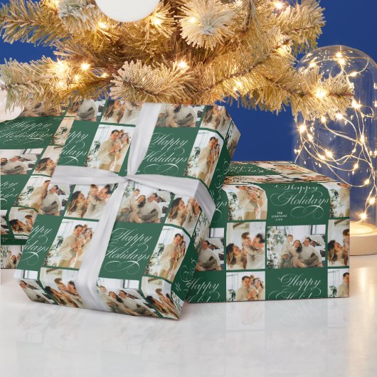 Custom Modern Elegant Photo Green Happy Holidays Cadeaupapier (Feestdagen)