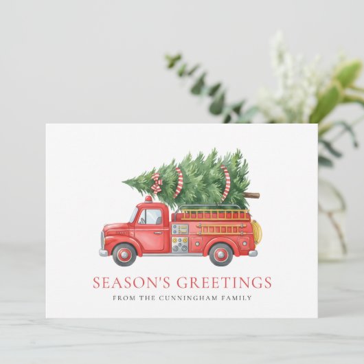 Custom Modern Firefighter Christmas Fire Truck Feestdagenkaart (Staand voorkant)