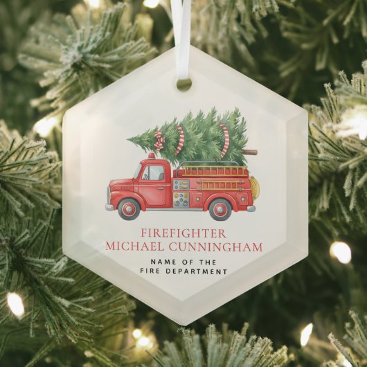 Custom Modern Firefighter Christmas Fire Truck  Glas Ornament (Insitu)