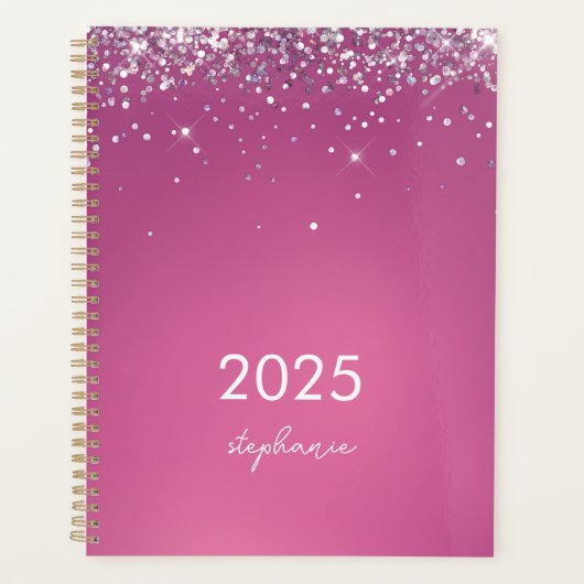 Custom Modern Fuchsia Roze Glitter 2025 Planner (Voorkant)