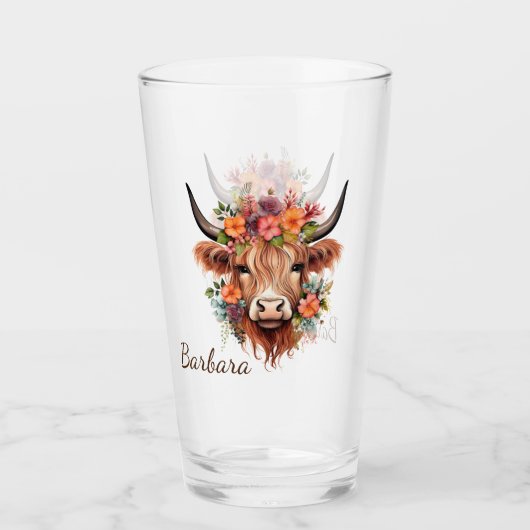 Custom Modern Highland Koe Boho met Bloemen Glas (Voorkant)