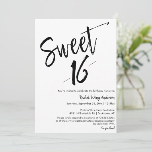 Custom Modern Minimalist Sweet 16th Birthday Party Kaart (Staand voorkant)