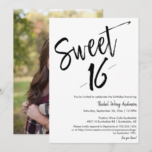 Custom Modern Minimalist Sweet 16th Birthday Party Kaart (Voorkant / Achterkant)