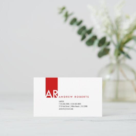 Custom Modern Monogram Wit Rood Schoon Minimalist Visitekaartje (Staand voorkant)
