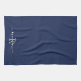 Custom Modern Navy Monogram Script Initiaal Naam Theedoek