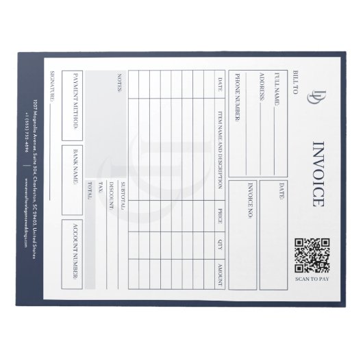 Custom Modern Navy Wedding Planner Invoice Billing Notitieblok (Voorkant)