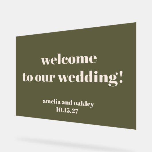Custom Modern Olive Green Wedding Welkom Acryl Bord (Hoek)