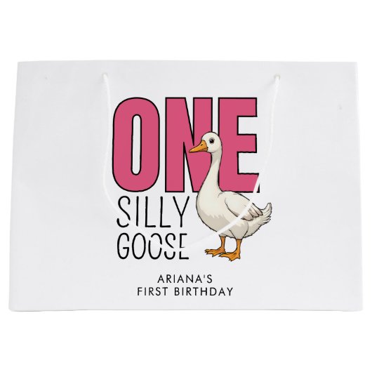 Custom Modern Pink One Silly Goose 1st Birthday Groot Cadeauzakje (Voorkant)