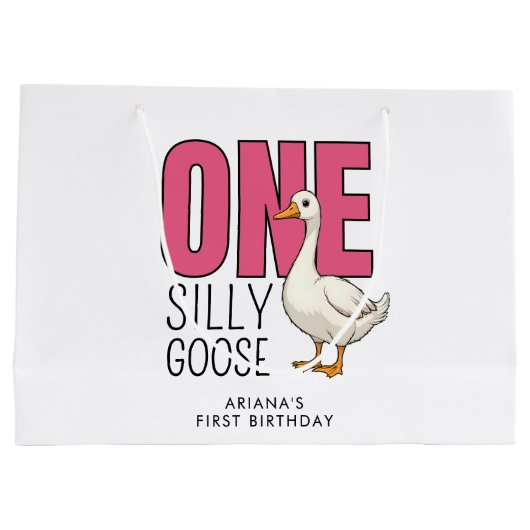 Custom Modern Pink One Silly Goose 1st Birthday Groot Cadeauzakje (Achterkant)