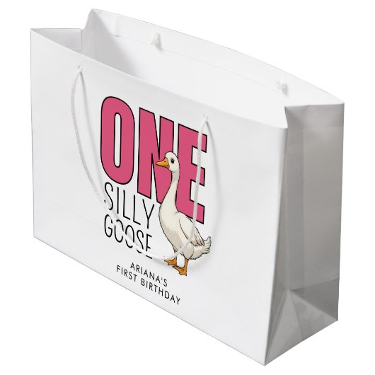 Custom Modern Pink One Silly Goose 1st Birthday Groot Cadeauzakje (Achterkant Gekanteld)