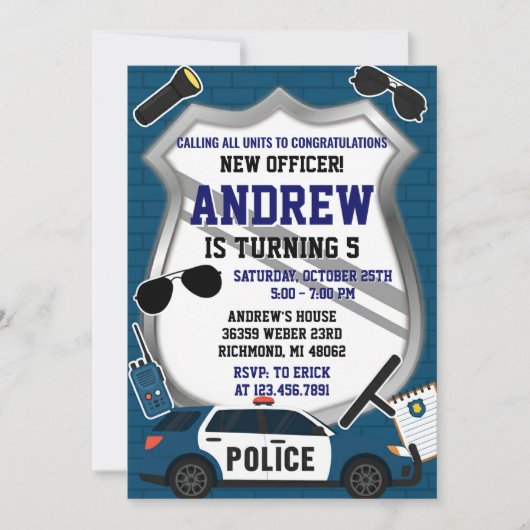 Custom Modern Police Birthday Party Invitation Kaart (Voorkant)