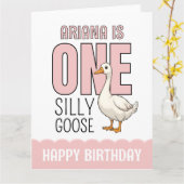 Custom Modern Roze Een Gekke Gans Eerste Verjaarda Kaart (Gele Bloem)
