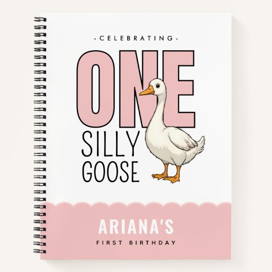 Custom Modern Roze Een Gekke Gans Eerste Verjaarda Notitieboek (Voorkant)