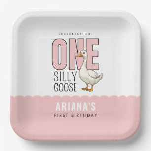 Custom Modern Roze Een Gekke Gans Eerste Verjaarda Papieren Bordje