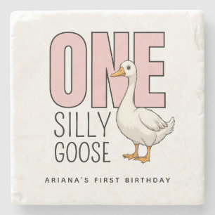 Custom Modern Roze Een Gekke Gans Eerste Verjaarda Stenen Onderzetter