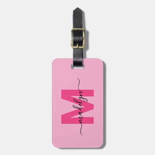 Custom Modern Roze Initiaal Naam Monogram Bagagelabel (Voorkant verticaal)