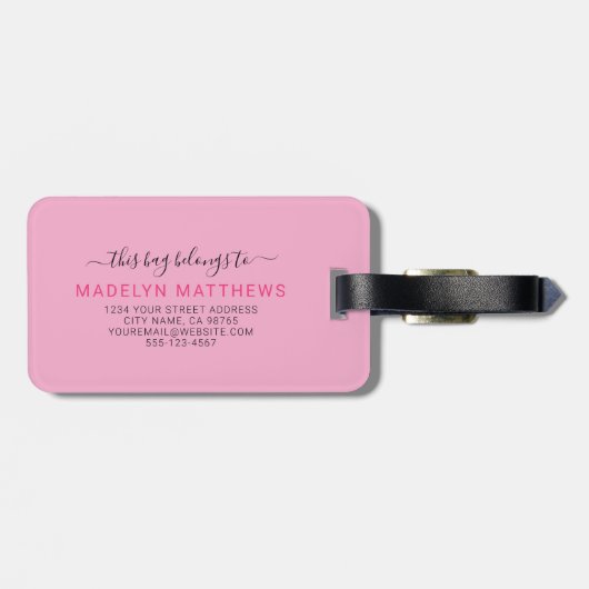 Custom Modern Roze Initiaal Naam Monogram Bagagelabel (Achterkant horizontaal)