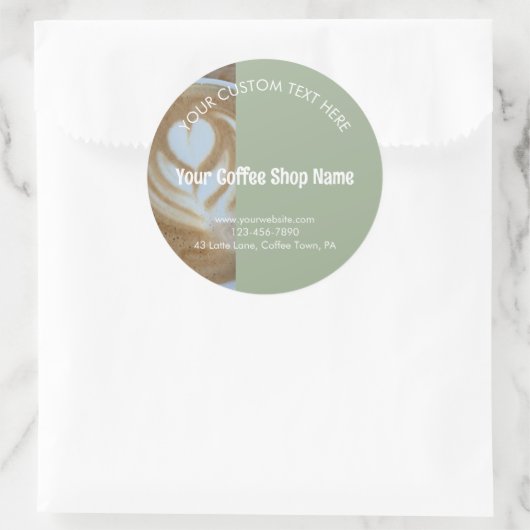 Custom Modern Sage Green Coffee Shop Photo Product Ronde Sticker (Tas)