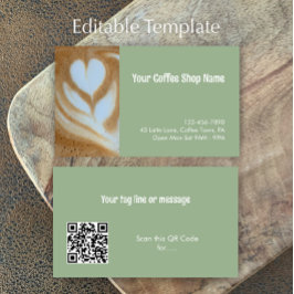 Custom Modern Sage Green Coffee Shop Photo QR Code Visitekaartje