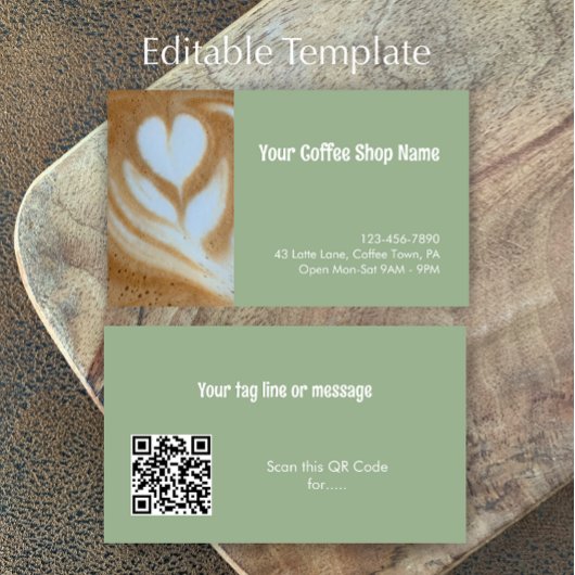 Custom Modern Sage Green Coffee Shop Photo QR Code Visitekaartje