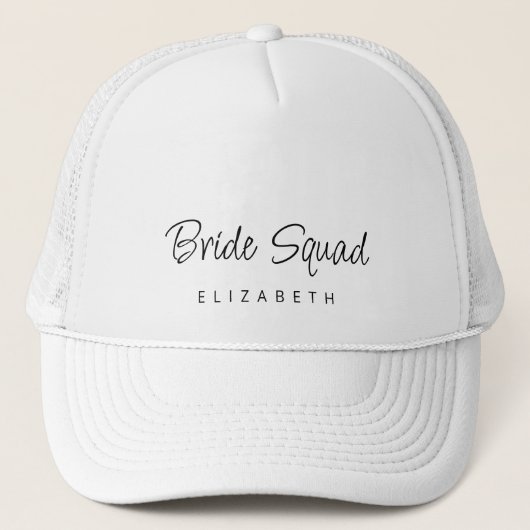 Custom Modern Script Bride Squad Bridesmaid Name Trucker Pet (Voorkant)
