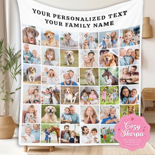 Custom Modern Trendy Family 36 Photo Collage Sherpa Deken