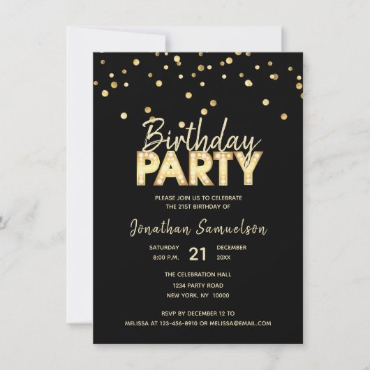 Custom Modern Trendy Gold Black BIRTHDAY PARTY Kaart (Voorkant)