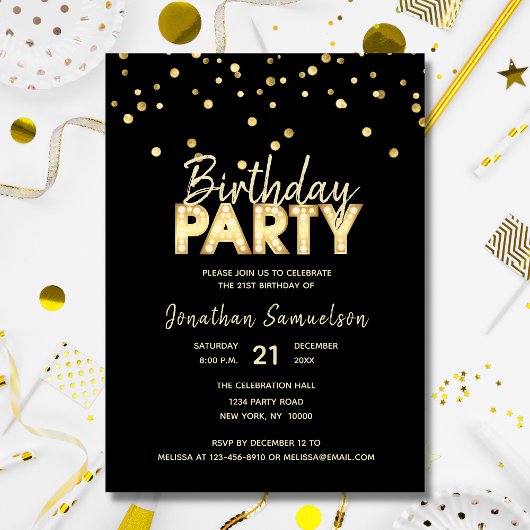 Custom Modern Trendy Gold Black BIRTHDAY PARTY Kaart