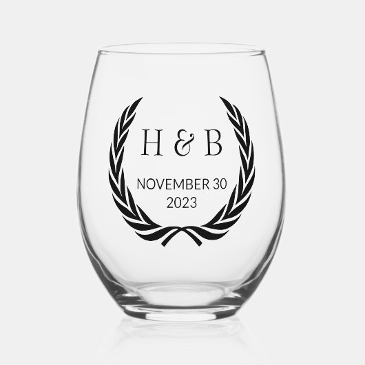 Custom Modern Zwart Kalligrafie Paar Initialen Wijnglas Zonder Voet (Voorkant)