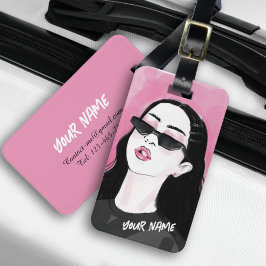 Custom Modieuze Zwart Roze Modern Meisje Graphic Bagagelabel