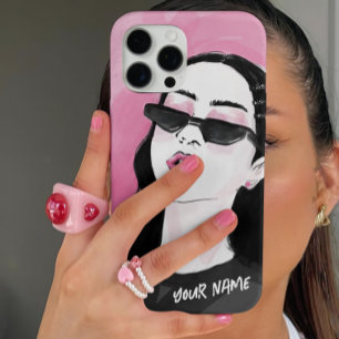 Custom Modieuze Zwart Roze Modern Meisje Graphic iPhone 16 Pro Hoesje