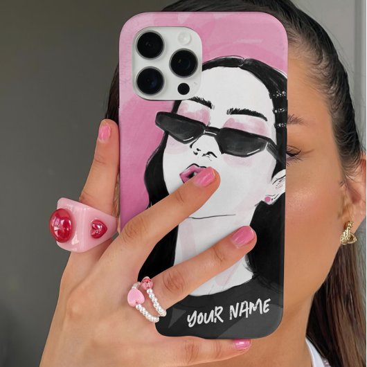 Custom Modieuze Zwart Roze Modern Meisje Graphic Case-Mate iPhone Case