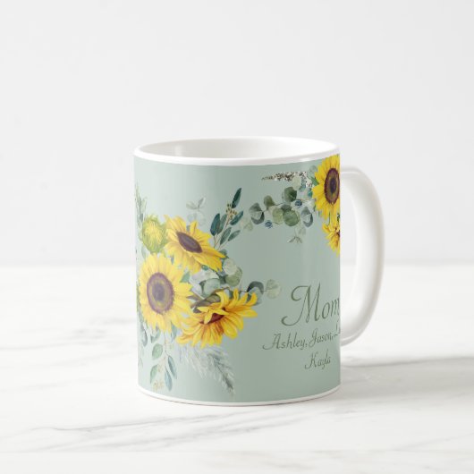 Custom Mom Zonnebloem Bloem 4 tot 8 Kinder Namen Koffiemok (Voorkant rechts)