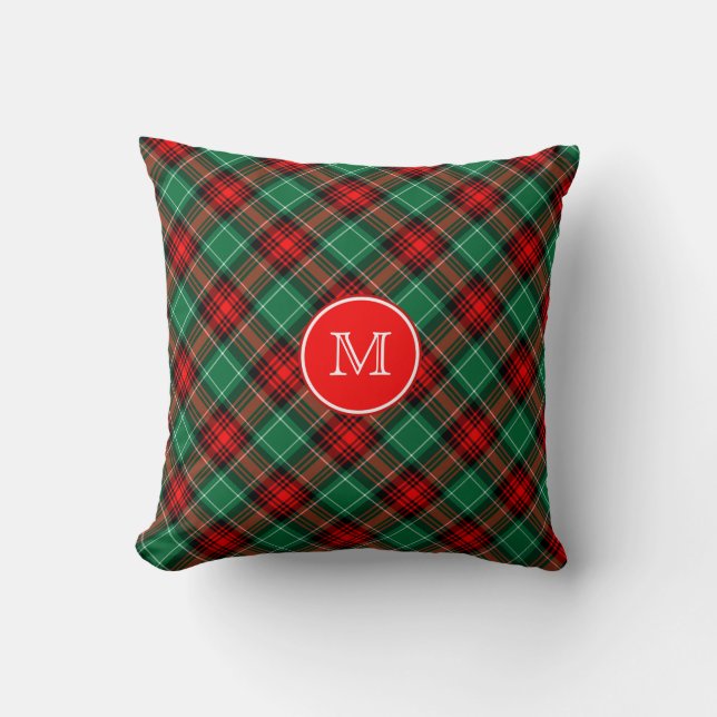 Custom Momogram Red and Green Holiday Plaid Kussen (Voorkant)