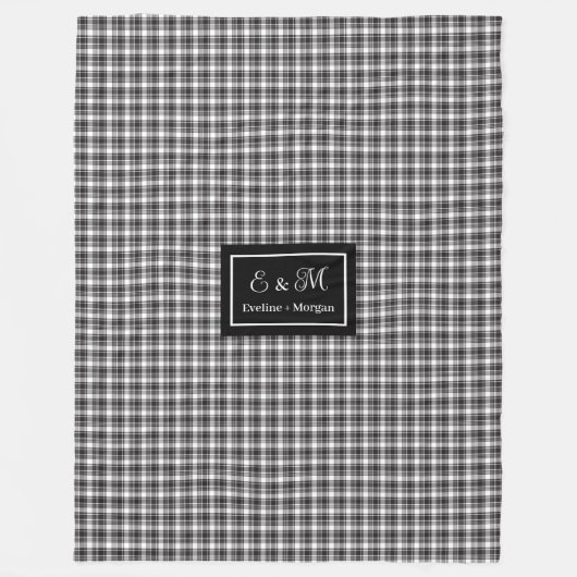 Custom Monogram Black White Buffalo Plaid Blanket Fleece Deken (Voorkant)