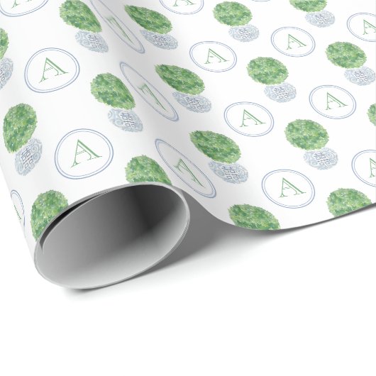 Custom Monogram Blauw Groen Preppy Boxwood Cadeaupapier (Rol Hoek)