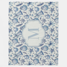 Custom Monogram Blue Toile Christmas Ornaments Fleece Deken