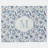 Custom Monogram Blue Toile Christmas Ornaments  Fleece Deken (Voorkant (Horizontaal))