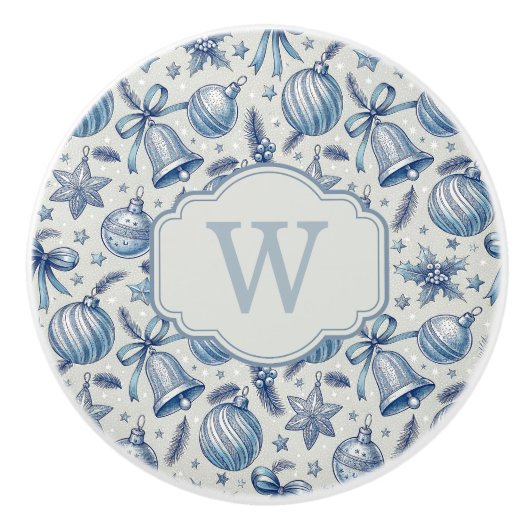 Custom Monogram Blue Toile Christmas Ornaments Keramische Knop (Voorkant)
