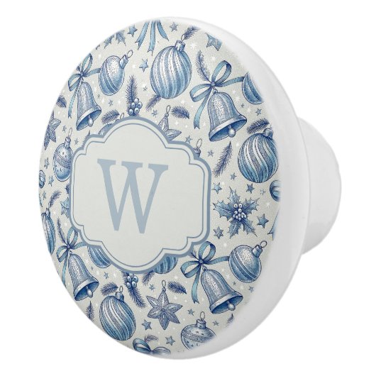 Custom Monogram Blue Toile Christmas Ornaments  Keramische Knop (Rechts)