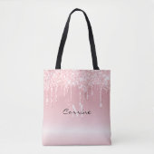 Custom Monogram Blush Roze Glitter Drips Metallic Tote Bag (Voorkant)