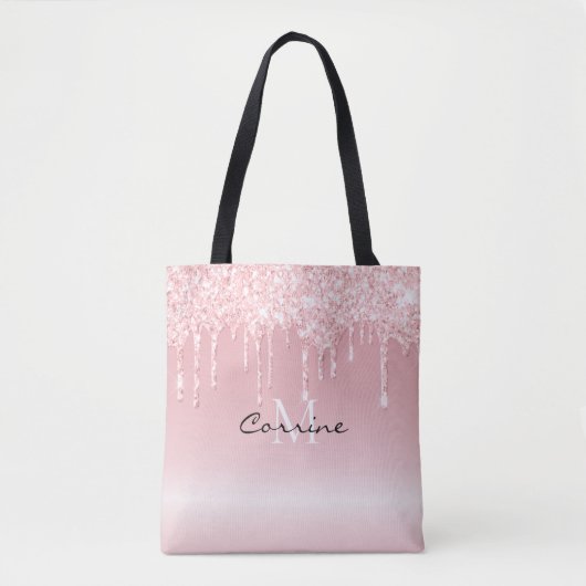 Custom Monogram Blush Roze Glitter Drips Metallic Tote Bag (Voorkant)
