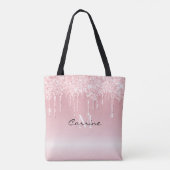 Custom Monogram Blush Roze Glitter Drips Metallic Tote Bag (Achterkant)
