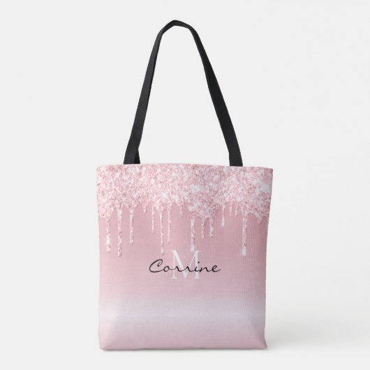 Custom Monogram Blush Roze Glitter Drips Metallic Tote Bag (Achterkant)