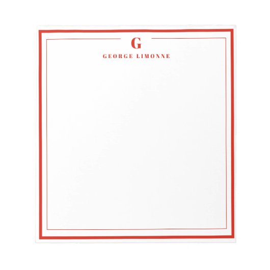 Custom Monogram Candy Red Border Stationery Notitieblok (Voorkant)