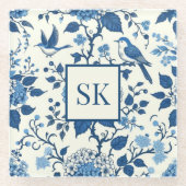 Custom Monogram Chinoiserie Blauw en Wit Glazen Onderzetter (Voorkant)
