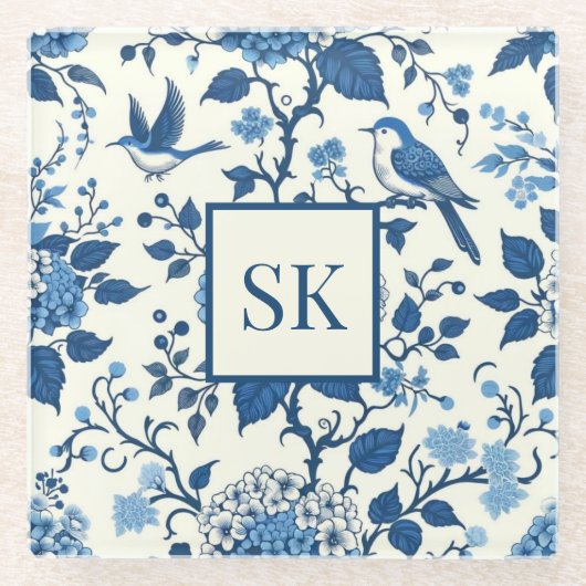 Custom Monogram Chinoiserie Blauw en Wit Glazen Onderzetter (Voorkant)