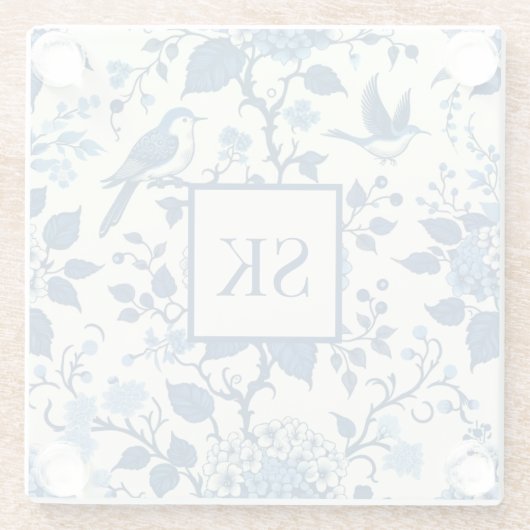 Custom Monogram Chinoiserie Blauw en Wit Glazen Onderzetter (Achterkant)