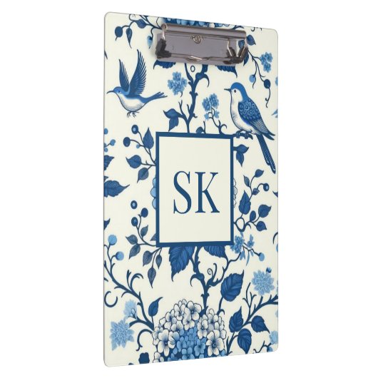 Custom Monogram Chinoiserie Blauw en Wit Klembord (Rechts)